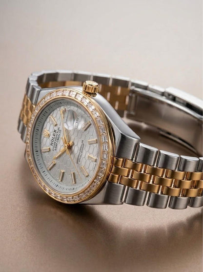 Two-Tone Diamond-Bezel Timepiece with Textured Honeycomb Dial