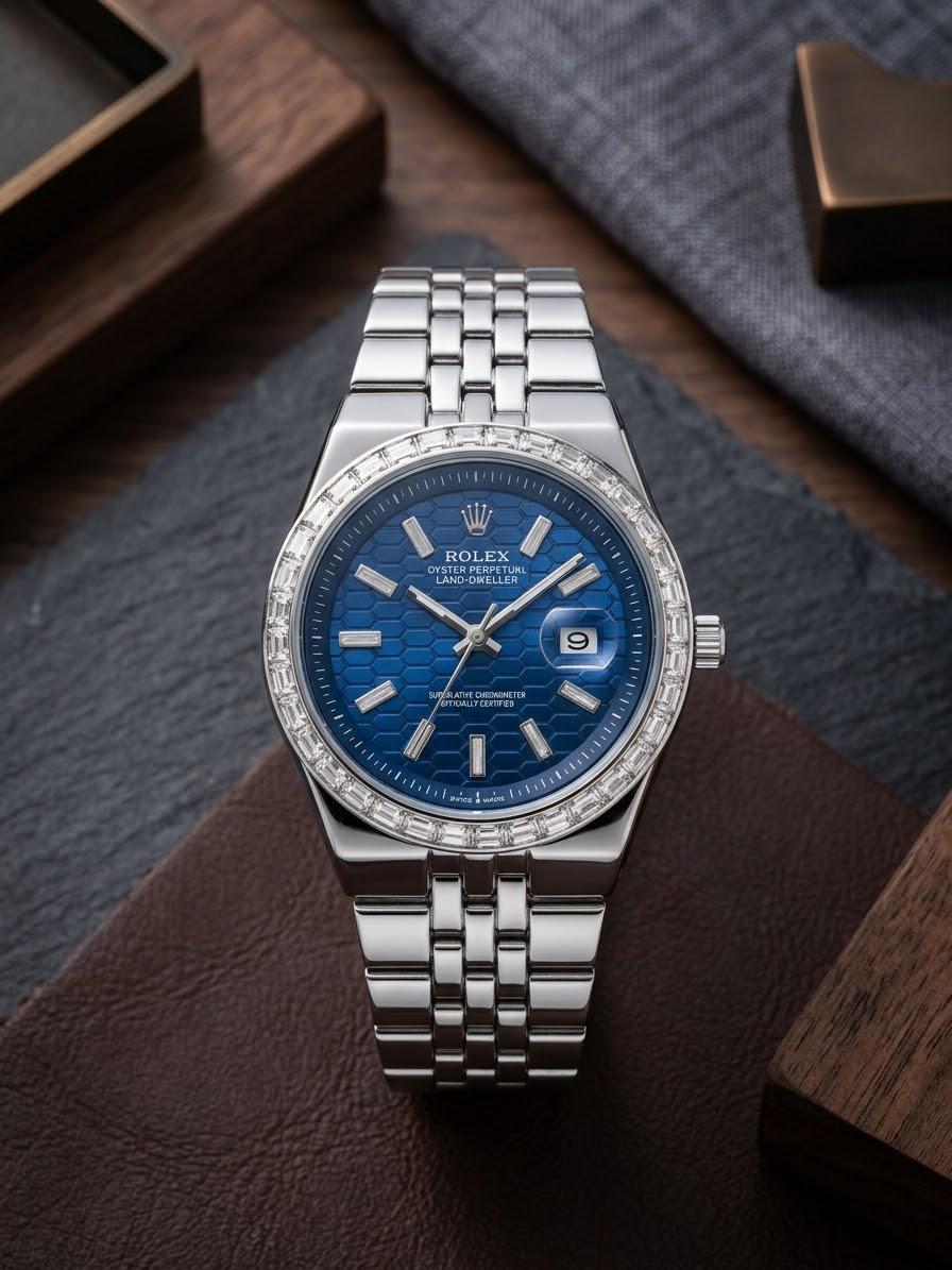Stainless Steel Timepiece with Deep Blue Honeycomb Dial & Diamond Bezel