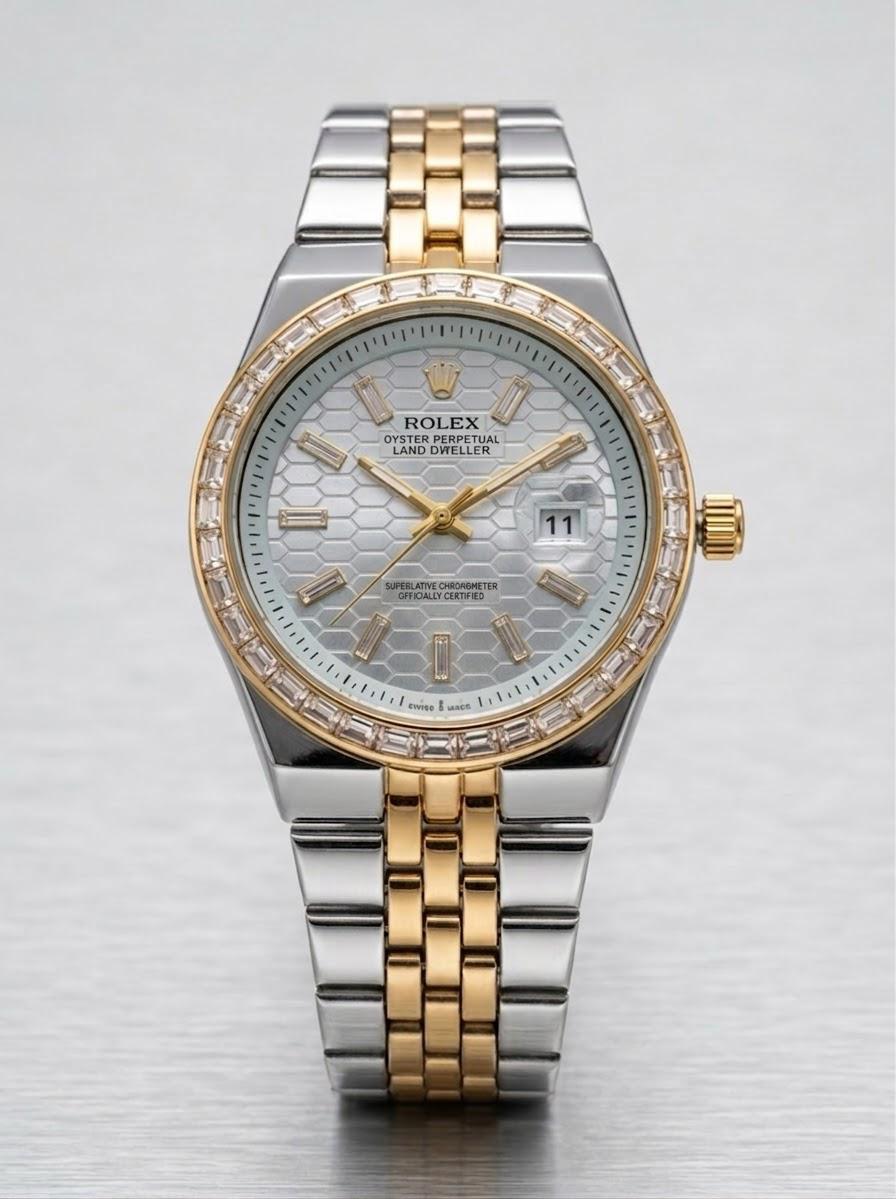 Two-Tone Diamond-Bezel Timepiece with Textured Honeycomb Dial