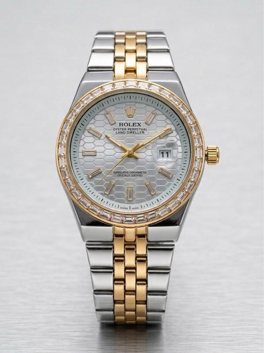 Two-Tone Diamond-Bezel Timepiece with Textured Honeycomb Dial