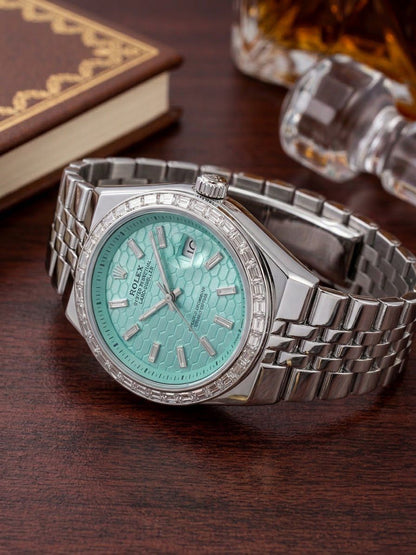 Stainless Steel Timepiece with Ice Blue Honeycomb Dial & Diamond Bezel