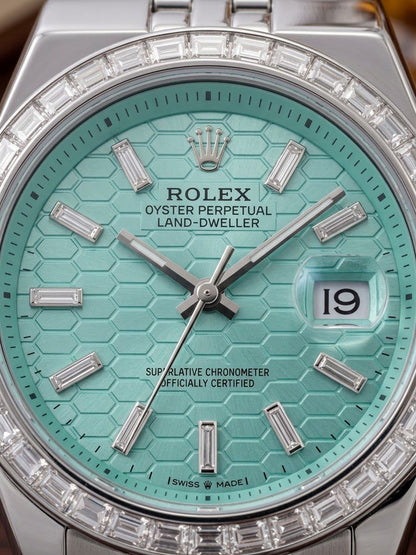 Stainless Steel Timepiece with Ice Blue Honeycomb Dial & Diamond Bezel