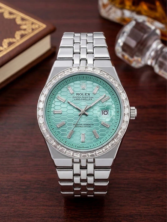 Stainless Steel Timepiece with Ice Blue Honeycomb Dial & Diamond Bezel
