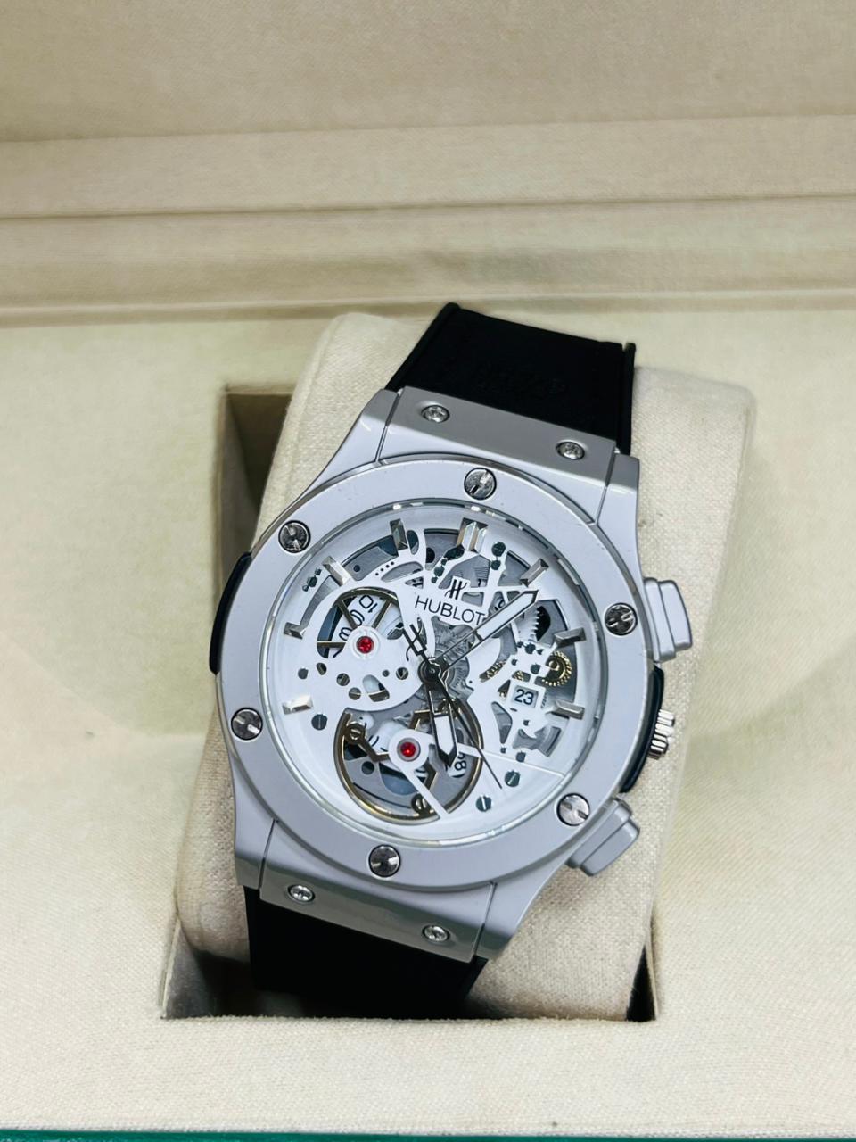 Matte Black Bezel Skeleton Watch – Maroon Openwork Dial & Brown Alligator Texture