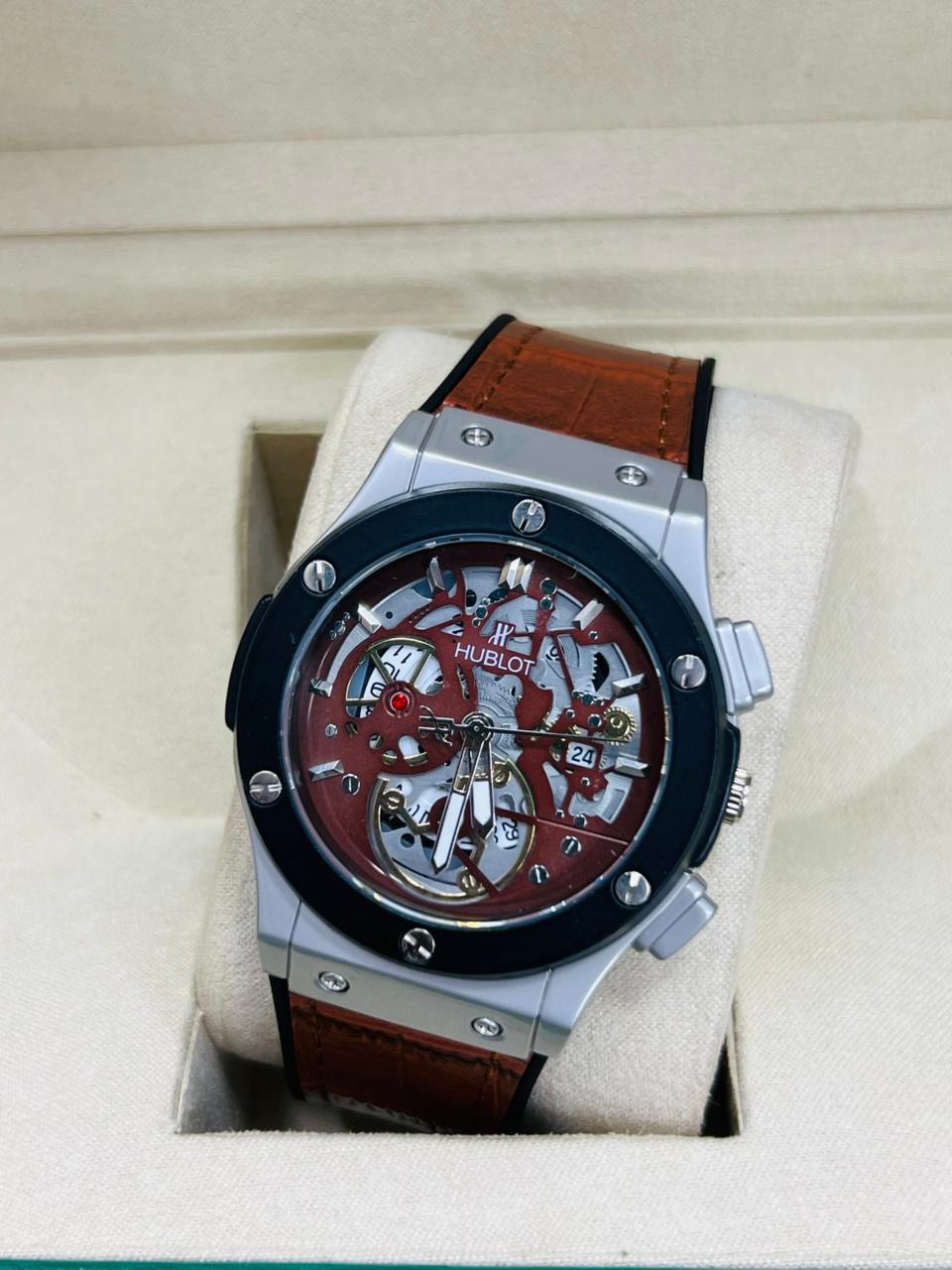 Matte Black Bezel Skeleton Watch – Maroon Openwork Dial & Brown Alligator Texture