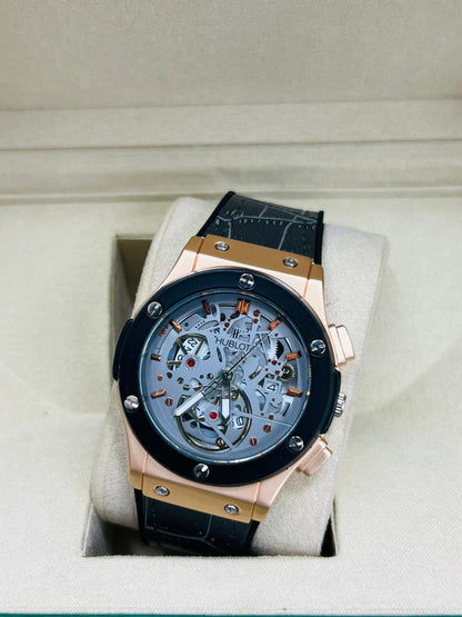 Matte Black Bezel Skeleton Watch – Maroon Openwork Dial & Brown Alligator Texture
