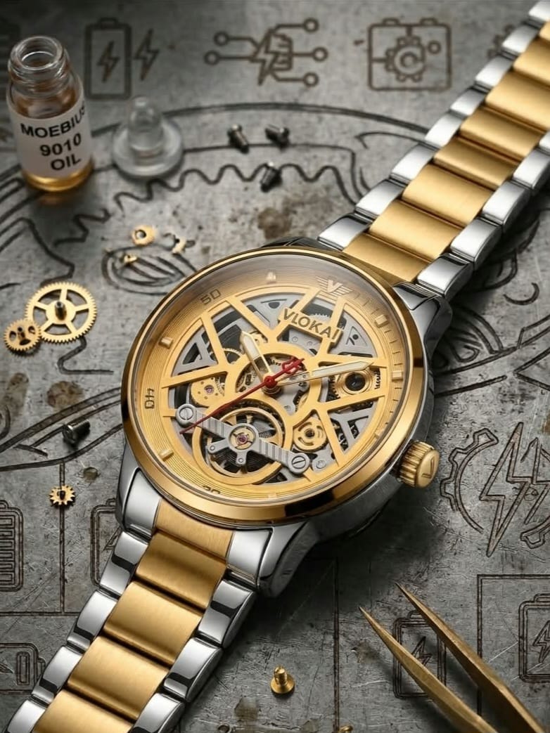 VIOKAI Skeleton Watch – Brushed Gold Geometric Dial & Two-Tone Bracelet