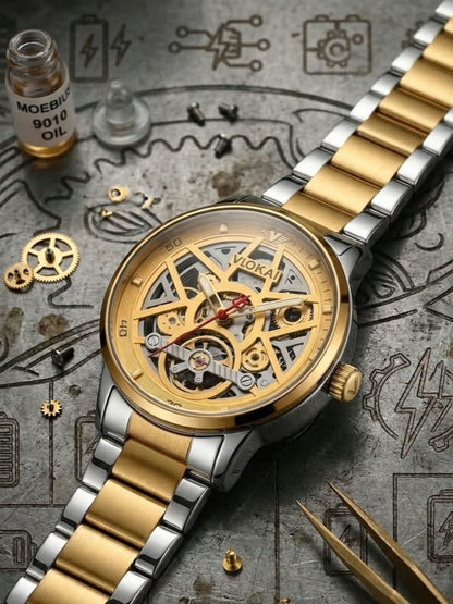 VIOKAI Skeleton Watch – Brushed Gold Geometric Dial & Two-Tone Bracelet