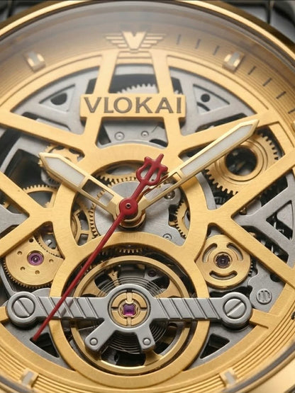 VIOKAI Skeleton Watch – Brushed Gold Geometric Dial & Two-Tone Bracelet