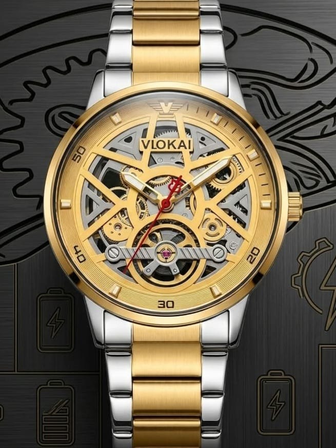 VIOKAI Skeleton Watch – Brushed Gold Geometric Dial & Two-Tone Bracelet