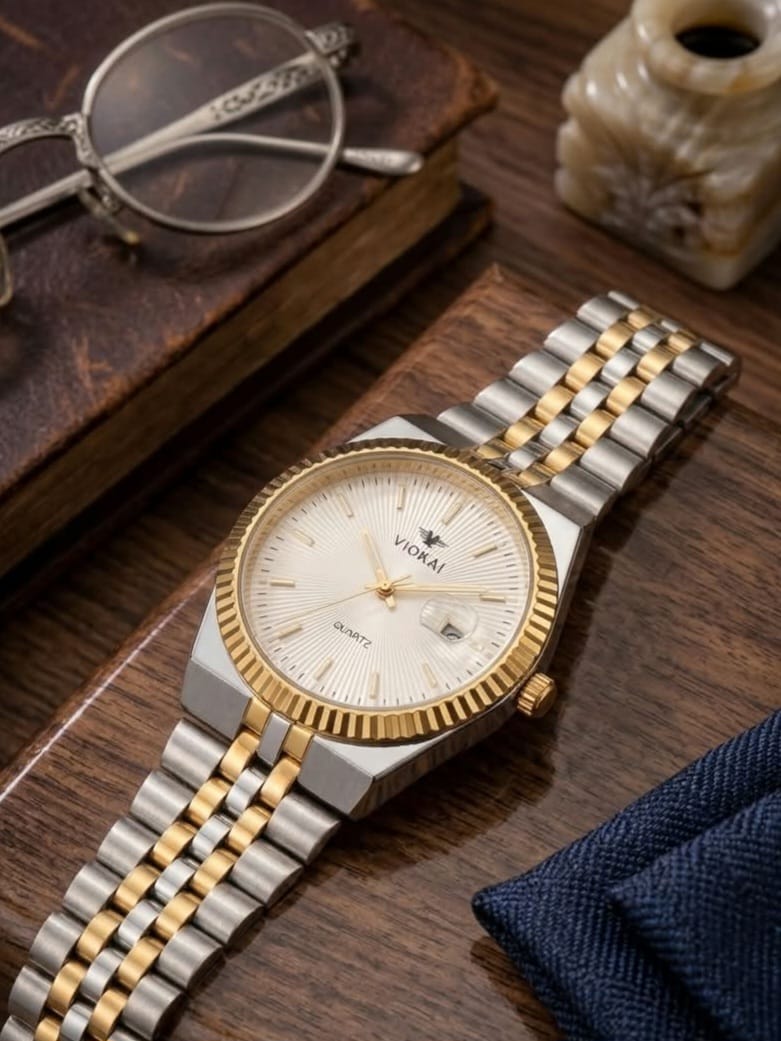 VIOKAI Two-Tone Classic Quartz Watch – Fluted Gold Bezel & Champagne Dial