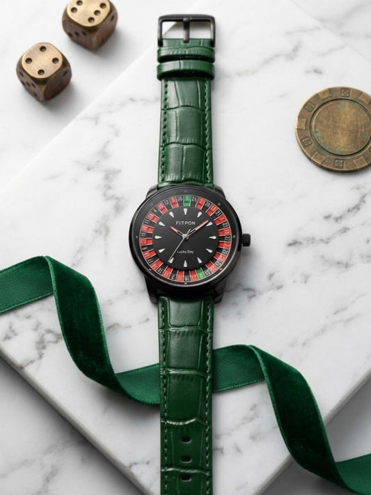 FITPON Casino Roulette Wheel Watch with Alligator-Pattern Leather Strap