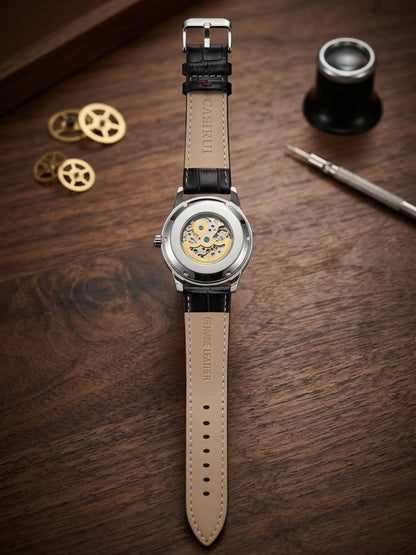 Casirui Classic Men's Open-Heart Automatic Mechanical Watch - Black Leather