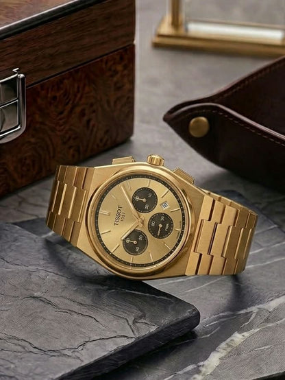 Three sub-dials offer accurate timekeeping with sub-second, minute, and hour tracking.