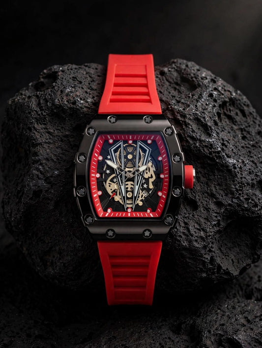 Obsidian Skeleton Tonneau Watch – Matte Black Edition