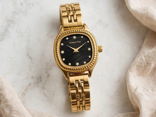 BUBBLE TIME Black Cushion Dial Gold Luxury Watch for Women - Old Money Aesthetic