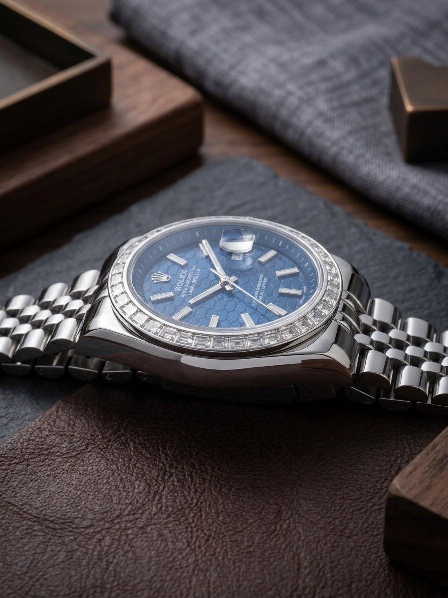 Stainless Steel Timepiece with Deep Blue Honeycomb Dial & Diamond Bezel