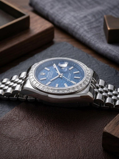 Stainless Steel Timepiece with Deep Blue Honeycomb Dial & Diamond Bezel