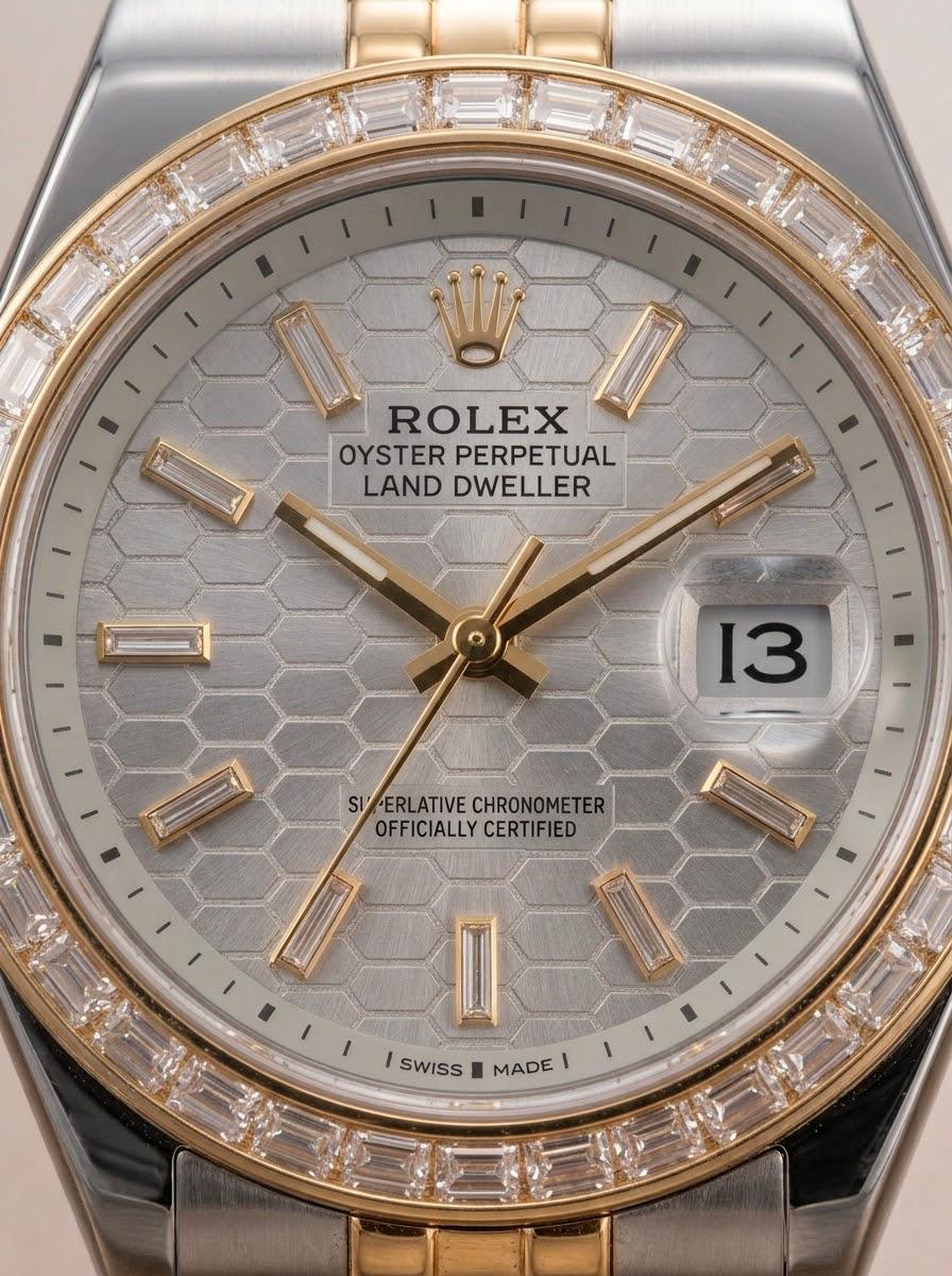 Two-Tone Diamond-Bezel Timepiece with Textured Honeycomb Dial