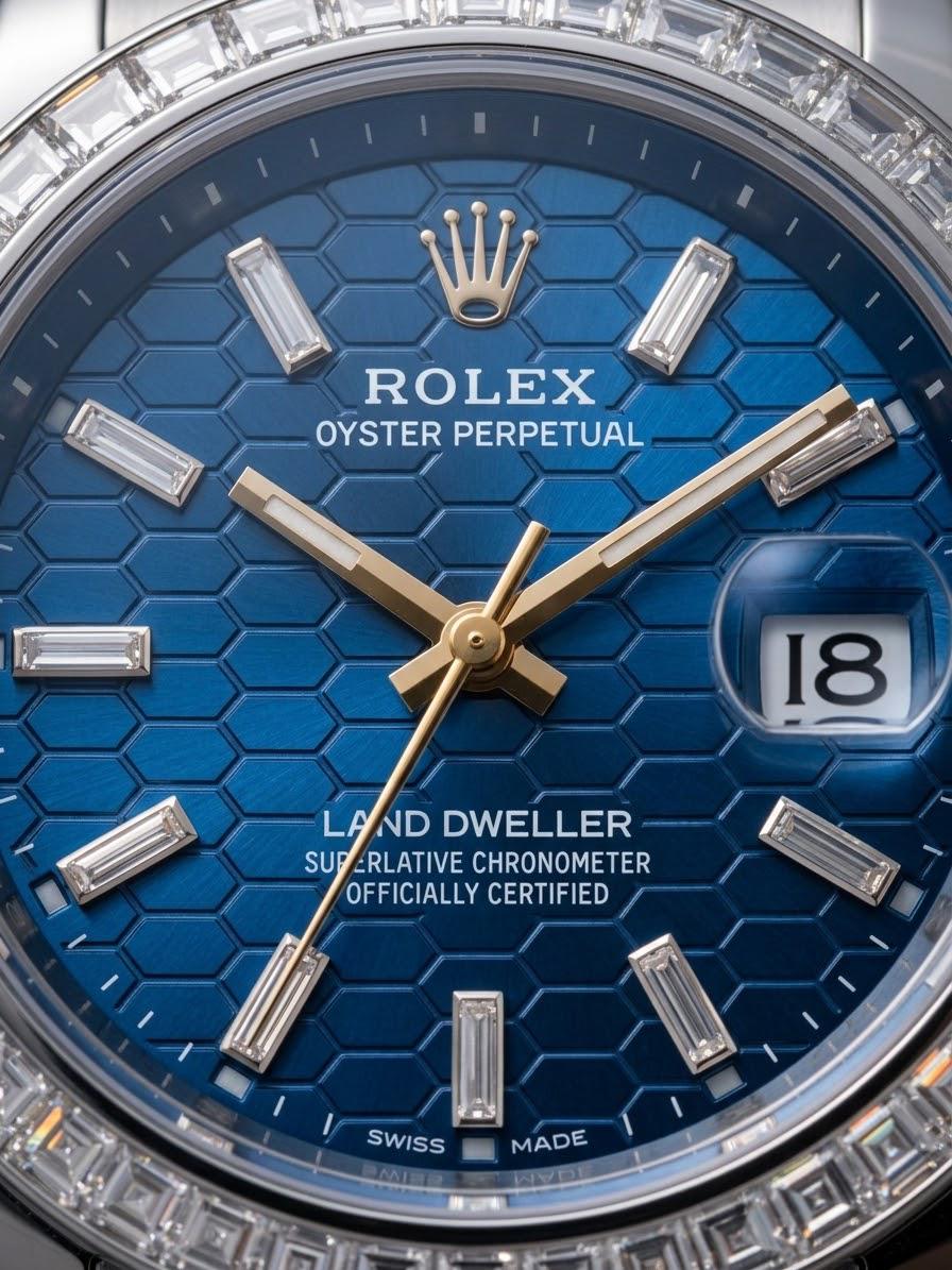 Stainless Steel Timepiece with Deep Blue Honeycomb Dial & Diamond Bezel
